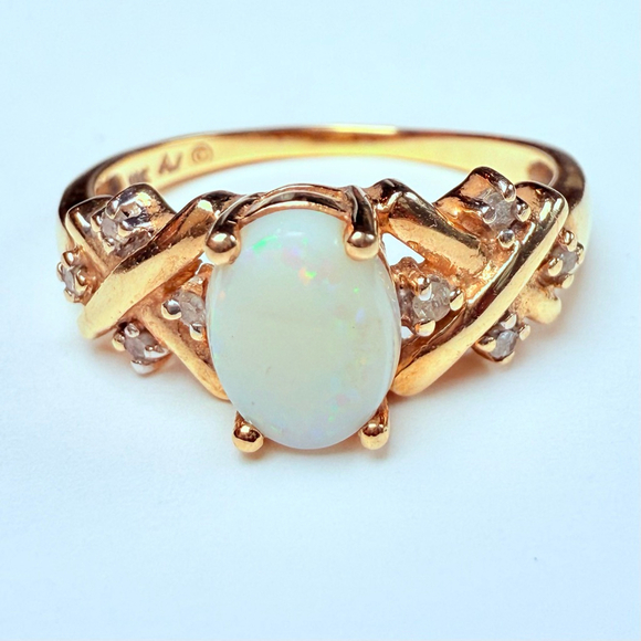 Estate Alwand Vahan 10K Solid Yellow Gold .50 CT Opal & Diamond Vintage Ring - Picture 1 of 11